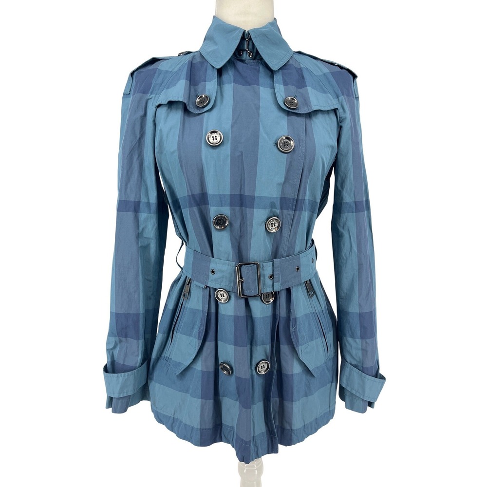 Burberry Brit Blue Check Double Breasted Belted Trench Coat Jacket